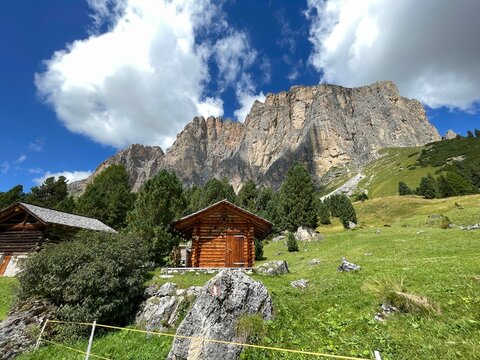 Mountain hut, mountain Cir and Sass Ciampac in Alta Badia Valley near Colfosco and Corvara, Dolomites , Trentino, Alto Adige, Sudtirol, South Tyrol, Italy	