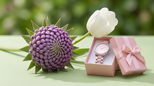 Elegant wrist watch in a gift box with purple flower and white tulip for special occasion