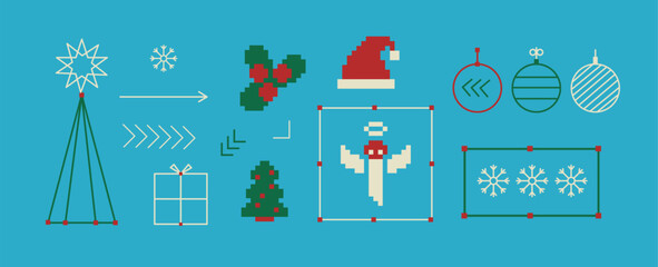 Fototapeta premium Christmas technical and pixel art elements in retro digital style. Wireframe trees, 8 bit angel, Santa hat, holly, ornaments, UI bounding boxes.