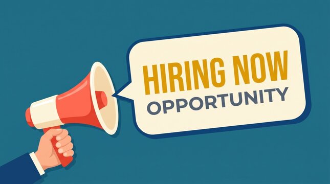 Hand holding red megaphone with speech bubble promoting job hiring now opportunity in bright flat vector style graphic design illustration