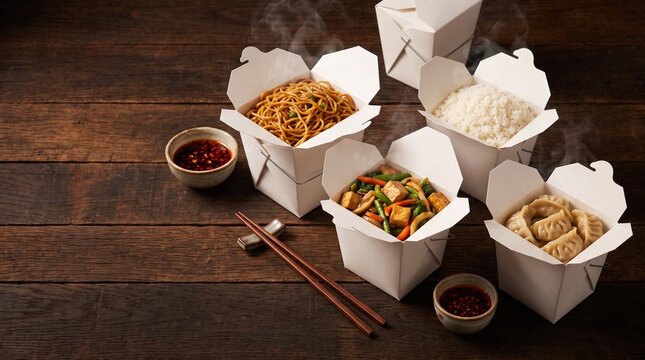 National Chinese Takeout Day commercial food still life with classic takeaway boxes and Asian cuisine