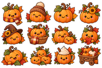 Fototapeta premium Set of cute autumn pumpkin character stickers,