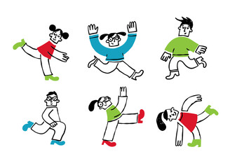 Fototapeta premium Dynamic school kids in abstract line art style. Active children running, jumping, and dancing with colorful clothing blocks.