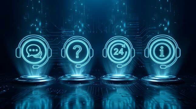 Holographic customer service icons representing virtual assistant tech support on digital background
