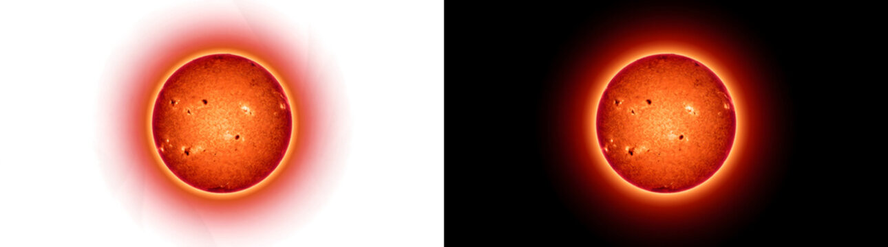Crimson sun sphere with dark sunspot clusters and vivid layered corona glow perfect for astronomy design projects available in PNG, Transparent and Black Background Versions