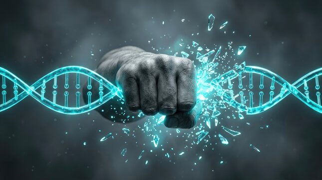 Human fist punching through a glowing blue glass dna strand causing particles to explode in a dark cinematic abstract composition