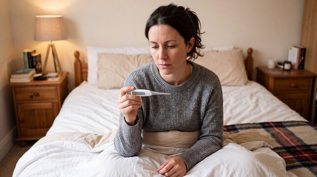Sick woman checking body temperature with a thermometer in bed