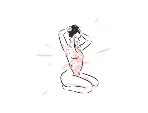 Sensual Nude Woman Line Art, Female Body, Emotional State, Self Love, Body Acceptance, Mental Health, Psychology and Feminine Wellness Vector Illustration