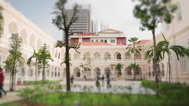 People walking through courtyard with miniature tilt-shift effect