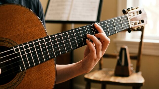 Musician's hand playing classical guitar with sheet music and metronome.