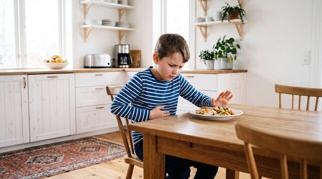 Young boy refusing healthy food at a kitchen table