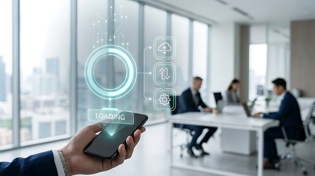 Smartphone projecting holographic loading screen and business icons in modern city office.