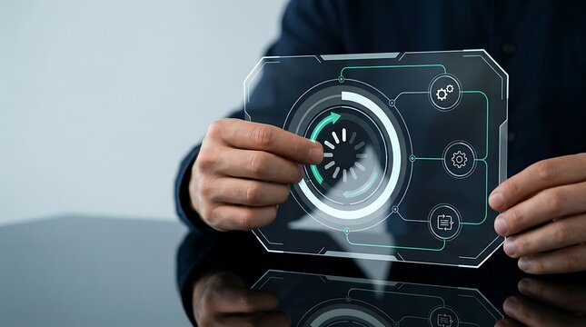 Interactive transparent touchscreen display shows futuristic settings and system loading bar.