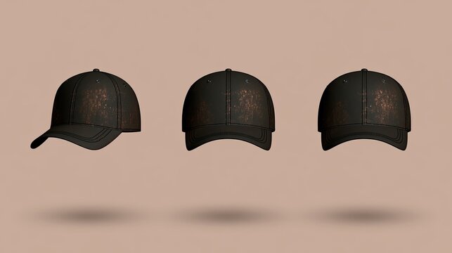 Three distressed black baseball caps shown from different angles