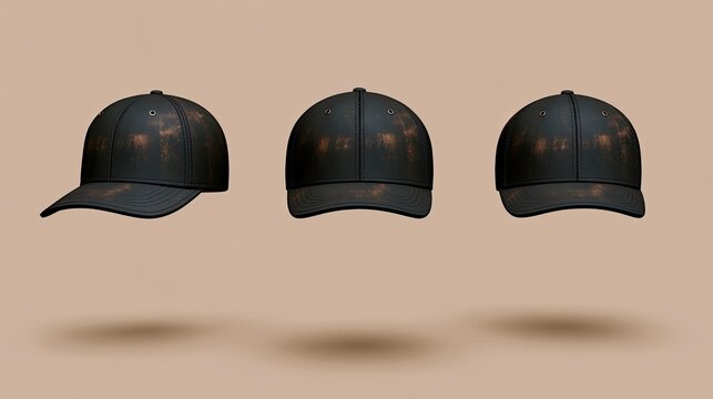 Three black baseball caps with distressed orange accents, shown from different angles