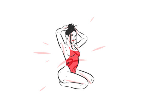 Sensual Woman in Red Swimsuit Line Art, Beautiful Female Body, Feminine Beauty, Self Love, Body Confidence and Summer Fashion Vector Illustration