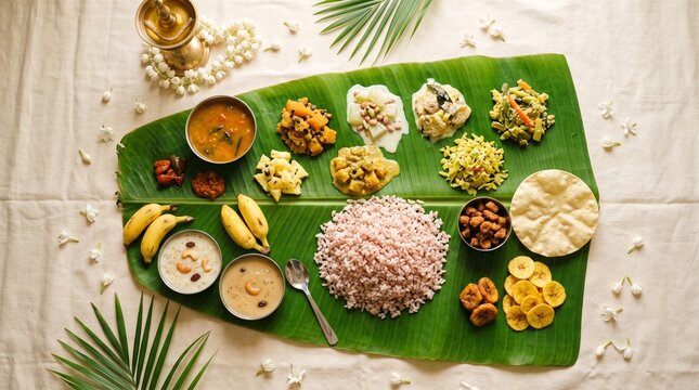 A vibrant and traditional South Indian Sadhya meal served on a fresh green banana leaf, featuring an array of colorful vegetarian dishes, rice, desserts, and accompaniments.
