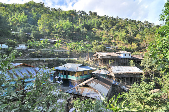 View of the Raga village of the Miri tribe or Mising in the Indian Arunchal Pradesh state