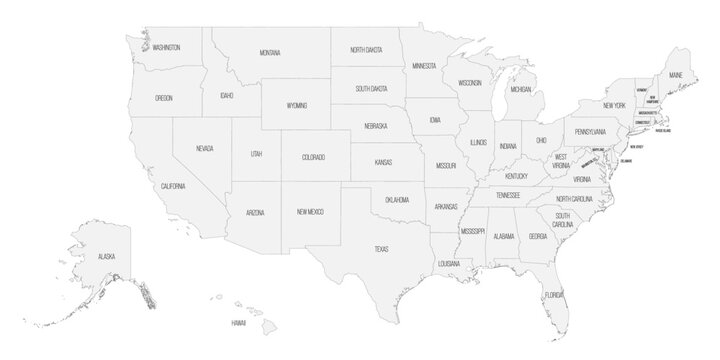 The map outlines all the states in the United States including Alaska and Hawaii. Each state name is clearly visible in a simple design. This representation helps in identifying location boundaries.