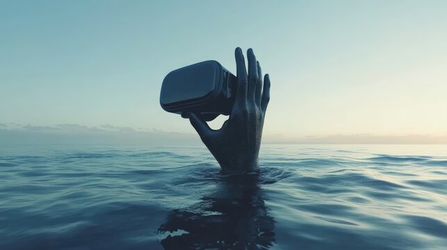 Dark metallic hand emerging from calm ocean waves holding modern black virtual reality headset during cinematic golden hour light with a wide blue sky background