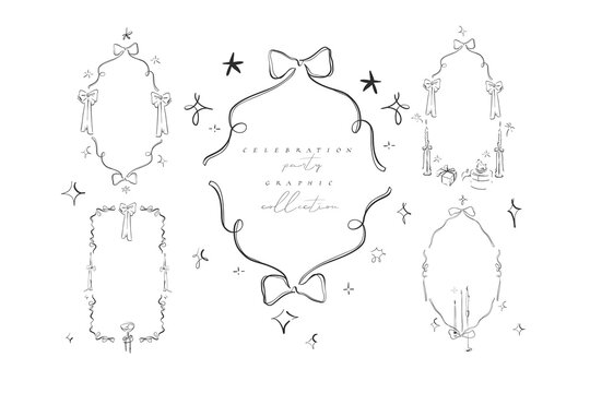 Hand Drawn Bow Frames Set, Elegant Celebration Decorative Borders and Ribbons, Christmas, Birthday, Wedding and Party Invitation Line Art Vector Collection
