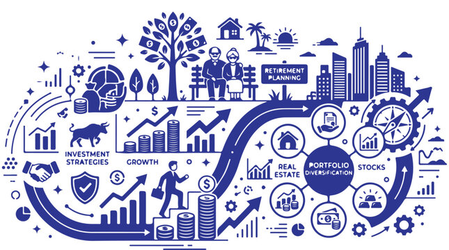 Financial planning and investment strategy infographic with retirement and portfolio diversification icons