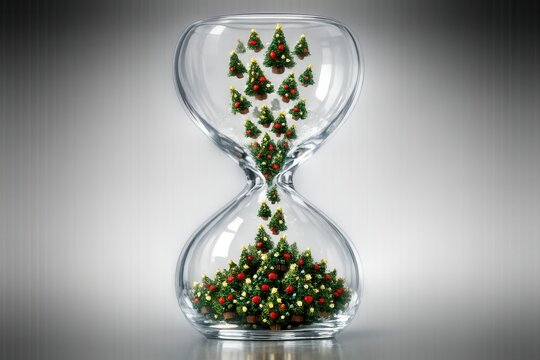 Glass hourglass with miniature Christmas trees flowing through time symbolizing holiday countdown and season