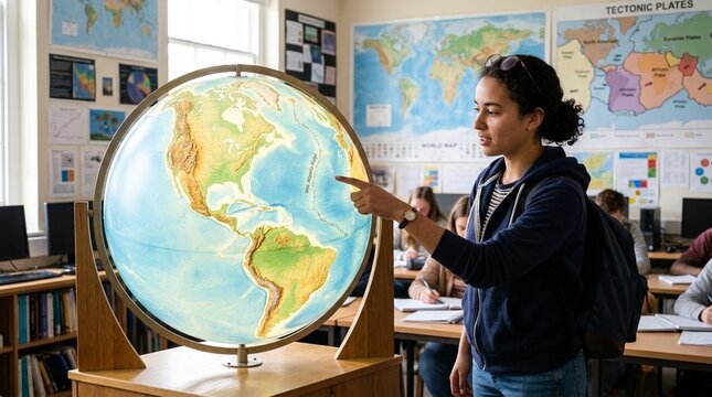 Student points to globe in geography classroom, learning about continents and oceans