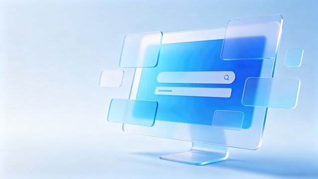 Transparent glass computer screen with blue search interface and floating digital panels, idea for website design, online search, user interface and modern web technology