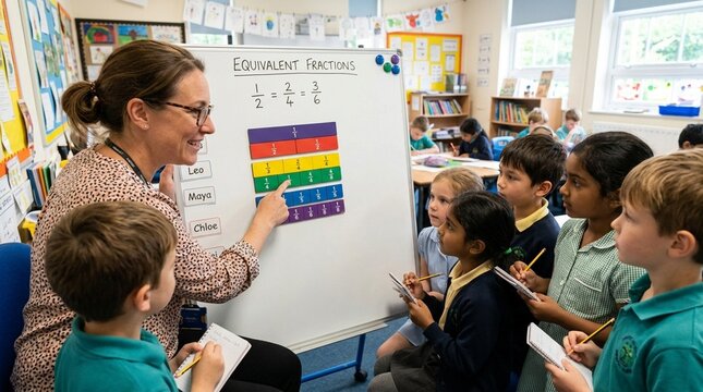 Teacher Explains Equivalent Fractions to Young Students with Colorful Chart