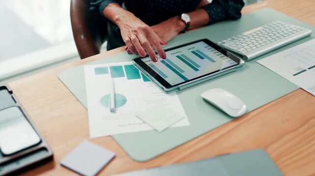 Businesswoman, hands and paperwork in office with tablet, data analysis and research for finance report. Financial analyst, person and scroll in workplace with tech, statistics and graphs for audit.