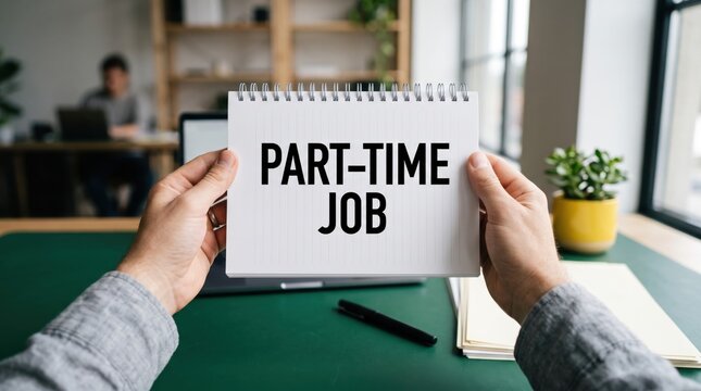 Professional hands holding white spiral notebook with bold black text reading part-time job inside a modern bright corporate office setting
