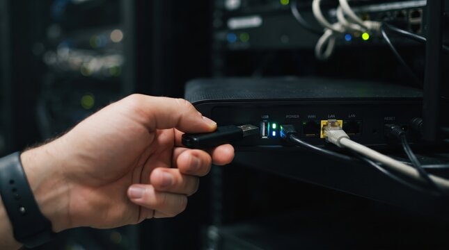 Close-up of a network engineer's hand plugging a USB flash drive into an internet router in a data center server rack for firmware update or data transfer.