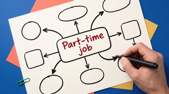 Hand drawing a flow chart diagram regarding part time job career opportunities on white paper with black felt tip marker