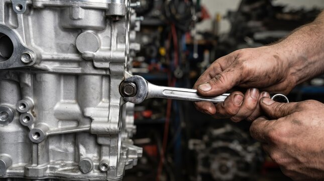 Close-up of a professional mechanic's greasy hands assembling and repairing a clean car engine block using a metal spanner wrench in an automotive garage.