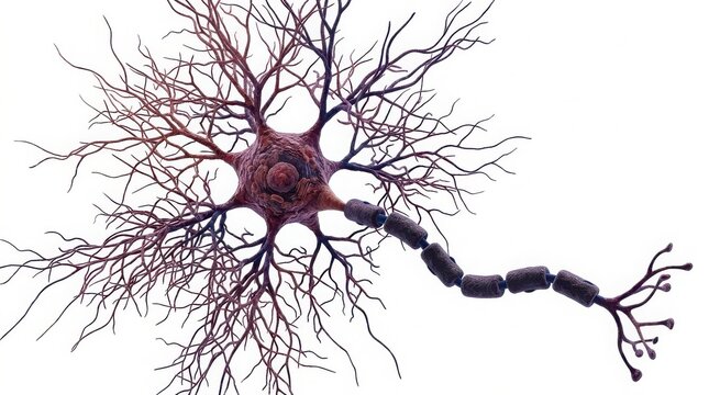 A single human brain neuron cell with red center isolated on a white background