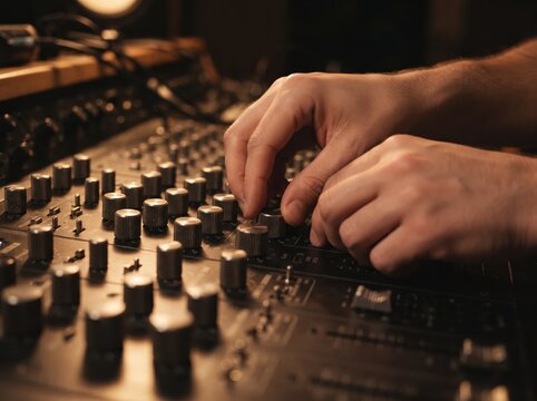Close-up of sound engineer hands fine-tuning analog console knobs while mixing and mastering music tracks in a warm illuminated professional audio recording studio.