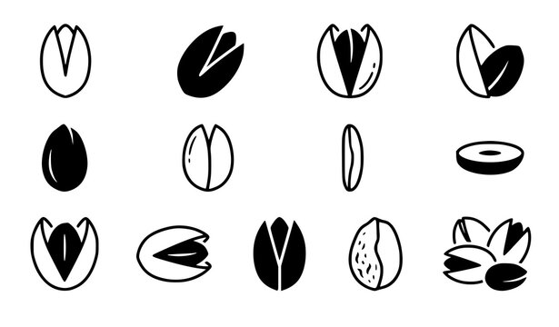 Modern Pistachio Vector Icon Set Featuring Open Shells Kernels and Nut Shapes for Food Branding Apps Websites and Marketing