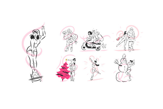 Christmas Holiday People Vector Set, Santa Claus, Couples, Christmas Tree and Snowman, Happy Winter Celebration Hand Drawn Line Art Illustrations