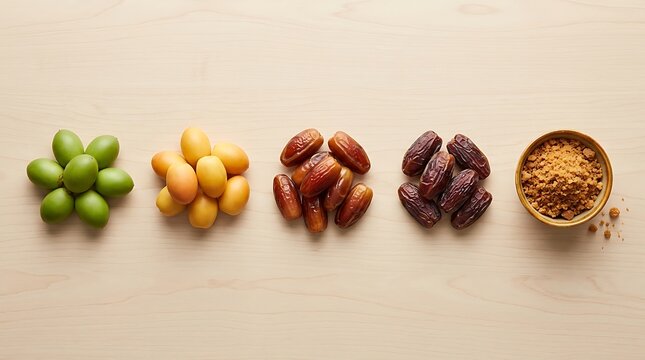 Fresh and dried date fruits in various stages of ripeness arranged on a wooden surface