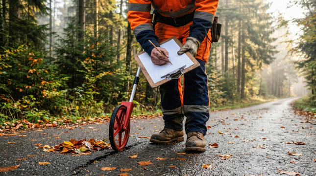 Survey worker forest road distance measure road crack autumn leaf safety clothing survey worker safety clothing measure road crack forest road with distance measure and clipboard during autumn