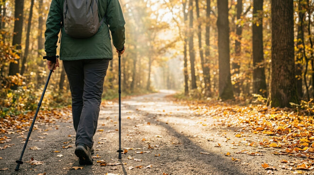 Hiker autumn forest trail walking backpack outdoor nature leaf stick peaceful autumn forest trail with lone hiker walking along leaf covered path using trekking stick and backpack enjoying nature