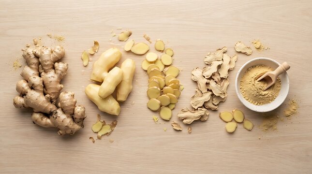 Fresh ginger root, sliced ginger, and ginger powder in a bowl on a wooden background.