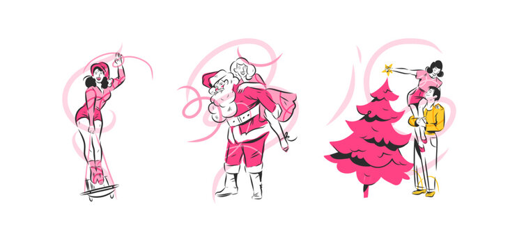 Christmas Women, Santa Claus and Romantic Couple Vector Set, Festive Holiday Characters, Christmas Tree, Winter Celebration and Playful Hand Drawn Scenes