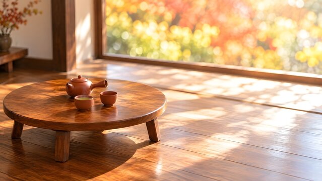 紅葉の窓辺とちゃぶ台のある茶の間 秋の光が満ちる和室