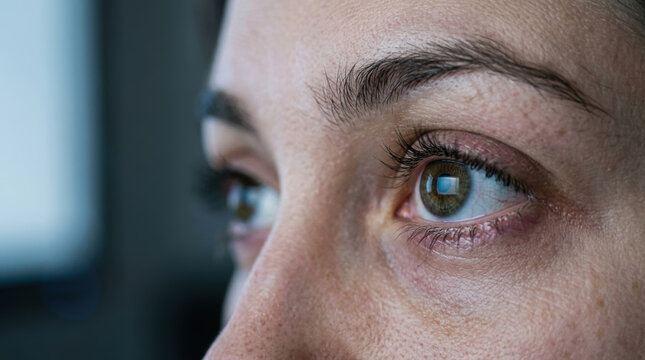 Woman eye closeup iris eyelash eyebrow skin reflection focus human face woman eye closeup with detailed iris eyebrow and eyelash reflection pupil shows focused human face emotion and natural skin