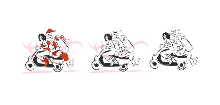 Santa Claus Riding Scooter with Woman and Christmas Gifts, Hand Drawn Holiday Delivery Illustration Set, Funny Festive Transportation and Christmas Vector Collection