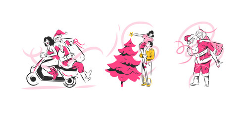 Fototapeta premium Christmas Santa Claus and Romantic Couple Vector Set, Festive Holiday Characters, Christmas Tree Decorating, Scooter Ride and Happy Winter Love Scenes