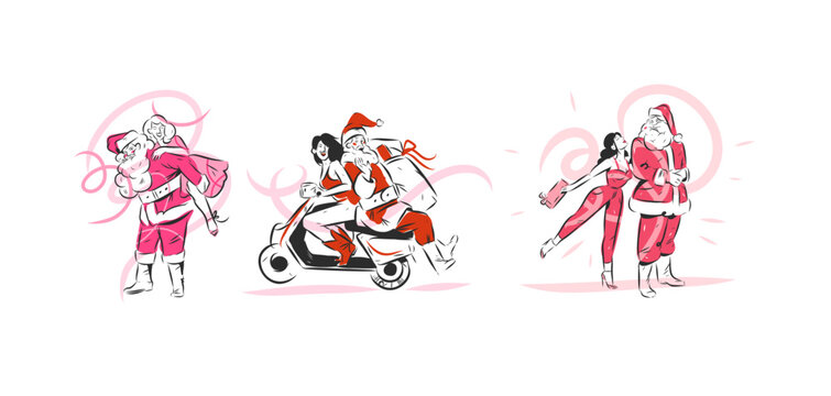 Christmas Santa Claus and Woman Vector Set, Romantic Holiday Couple, Santa with Gifts on Scooter, Christmas Shopping, Delivery, Sale and Festive Illustration