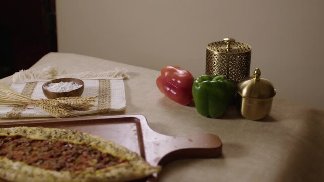Delicious Turkish pide, a traditional boat-shaped flatbread with minced meat filling
